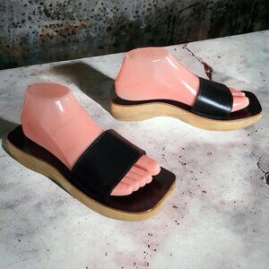 NEW MANGO MNG ( 7.5 ) Black Bovine Leather Wood Square Toe Asymmetric